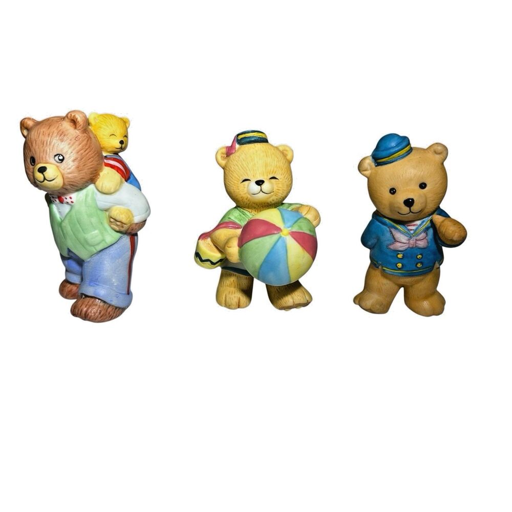 3-Bronson Teddy Bear Figurines Porcelain Bisque Dad/Son+Beach+Sailor‎ Vintage